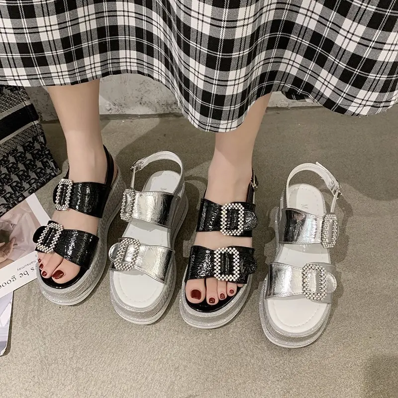 

Summer 2020 new fashion wild rhinestone word buckle sandals thick bottom increased slope heel Roman sandals female X066