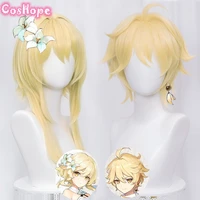 genshin impact traveler cosplay aether lumine blond wig cosplay anime wigs heat resistant synthetic wigs halloween for girls