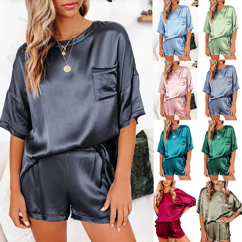 

2021 Summer Satin Pajamas Set Women Imitated Silk Pajamas Sexy Silk Sleepwear Homewear Female Loose Lounge Wear Sets Pjs Women