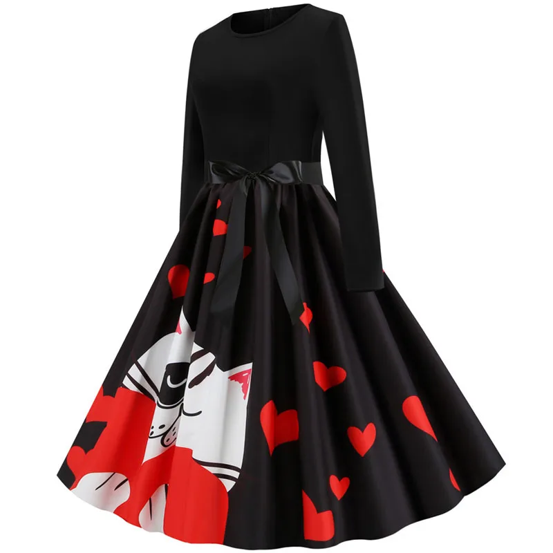 Robe noel femme зимние платья для женщин с длинным рукавом и принтом Винтаж Pinup рокабилли Год Вечерние Платье на День святого Валентина Черный Vestido 3XL