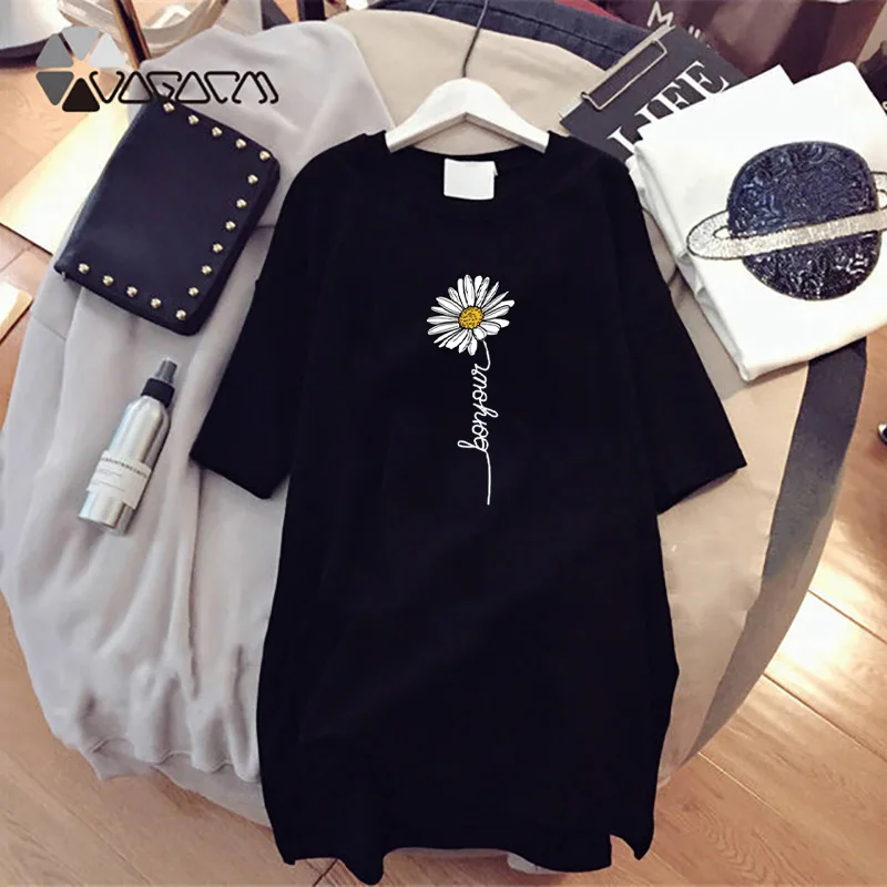 

Women Harajuku Dress Flower Print Letter Loose Summer T-Shirt Dresses Korean Short Sleeve Streetwear Pullover Vestidos
