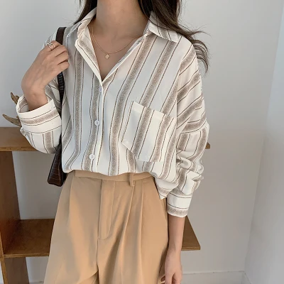 Осенние полосатые винтажные Свободные повседневные обычные шифоновые Базовые