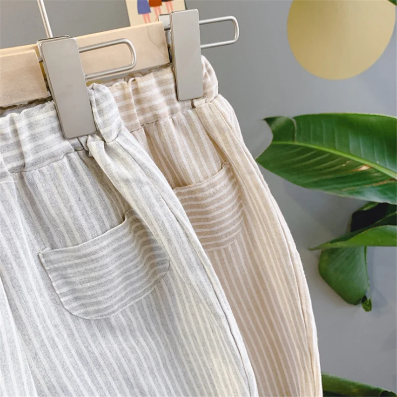 

Spring Summer Kids Casual Trousers Cotton Striped Children Harem Pants Pure Color Baby Boys Girls Pants