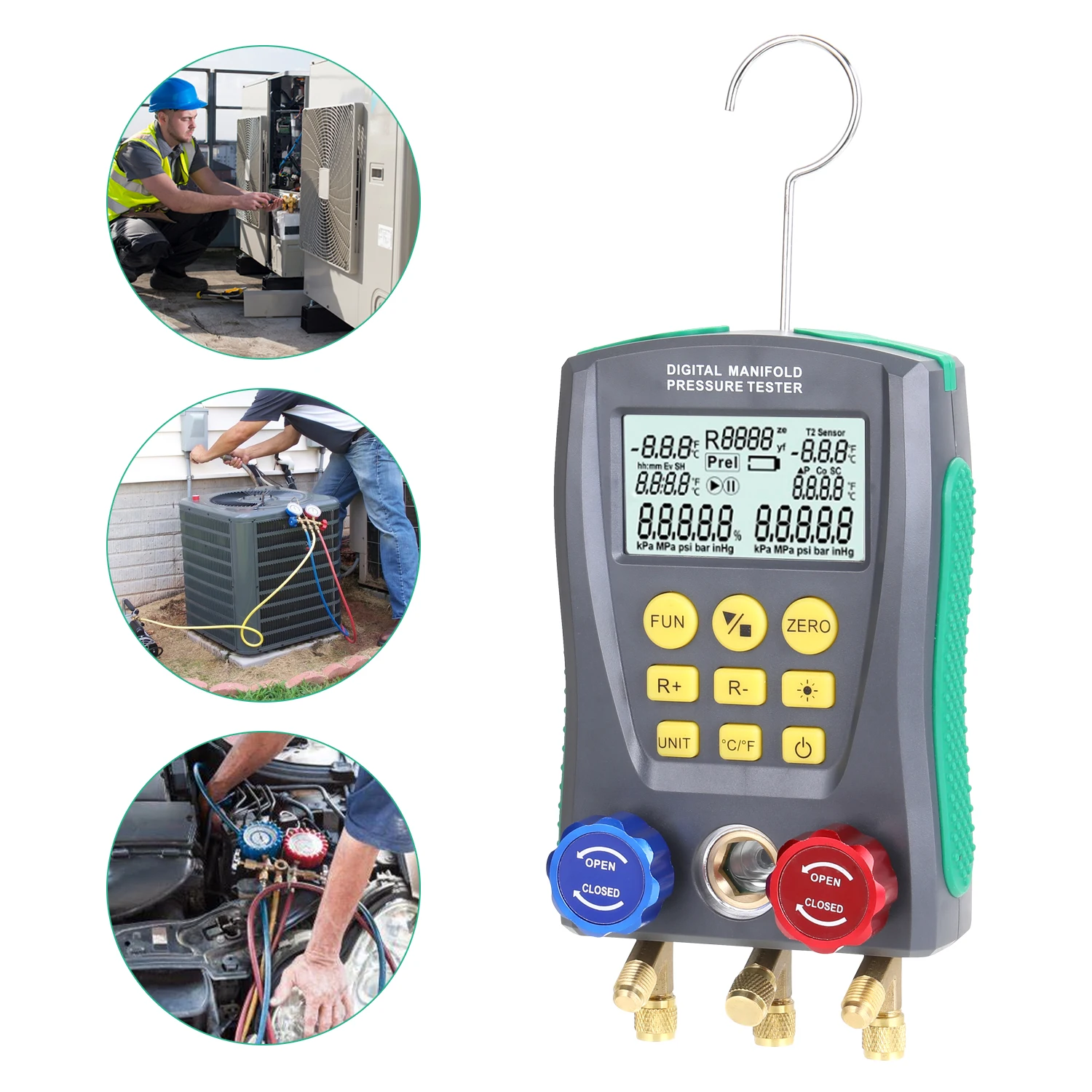 

Refrigeration Digital Vacuum Pressure Manifold Tester Meter HVAC Temperature Tester Manifold Gauge Meter HVAC Vacuum Pressure
