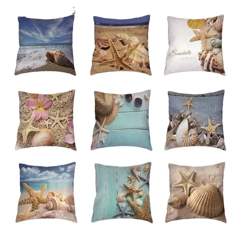 Белая наволочка в морском стиле с принтом Гавайские ракушки шапки морскими