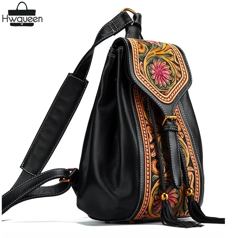 

Vintage Genuine Cow Leather Handmade Engraved Lady Mini Flower Backpack Drawstring Closure Women Female Small Tassel Bag Pack