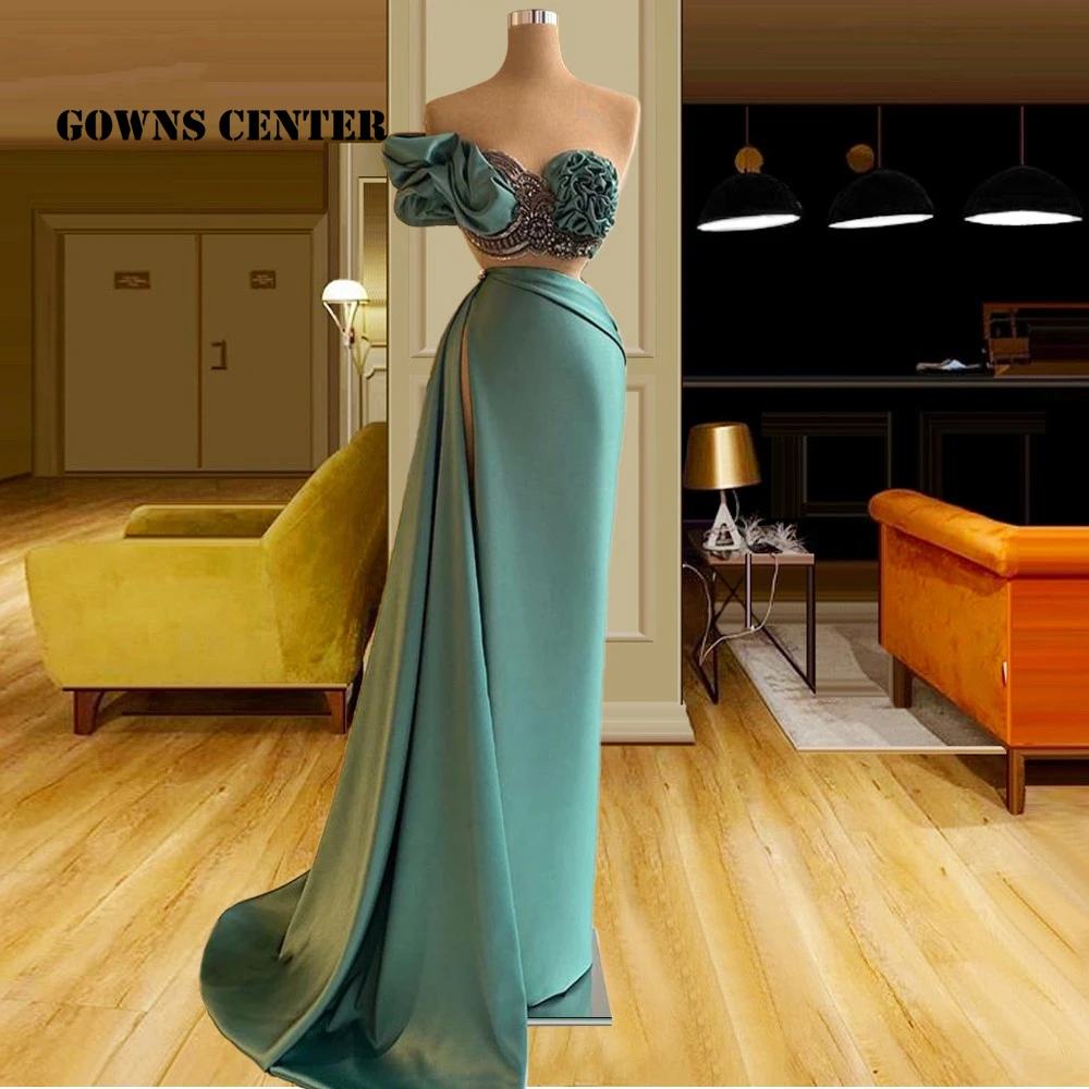 

High Slit Evening Dresses Luxury 2021 Two Pieces One Shoulder Mermaid Beaded Formal Night Gown Prom Dress