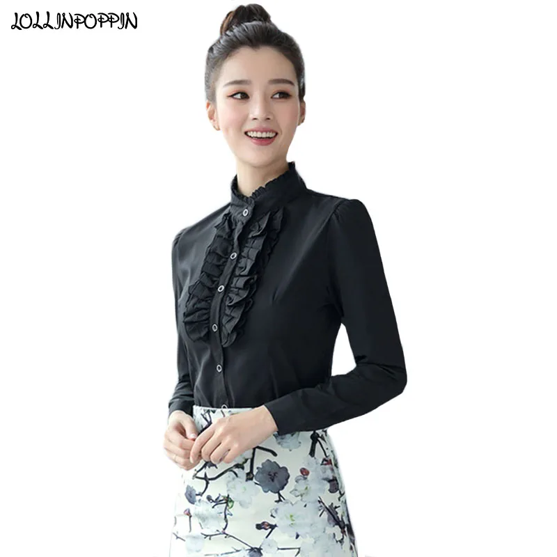 Women Stand Collar Chiffon Blouse Front Ruffled Design Ladies Lolita Shirt Long Sleeves Chiffon Shirts Office Lady