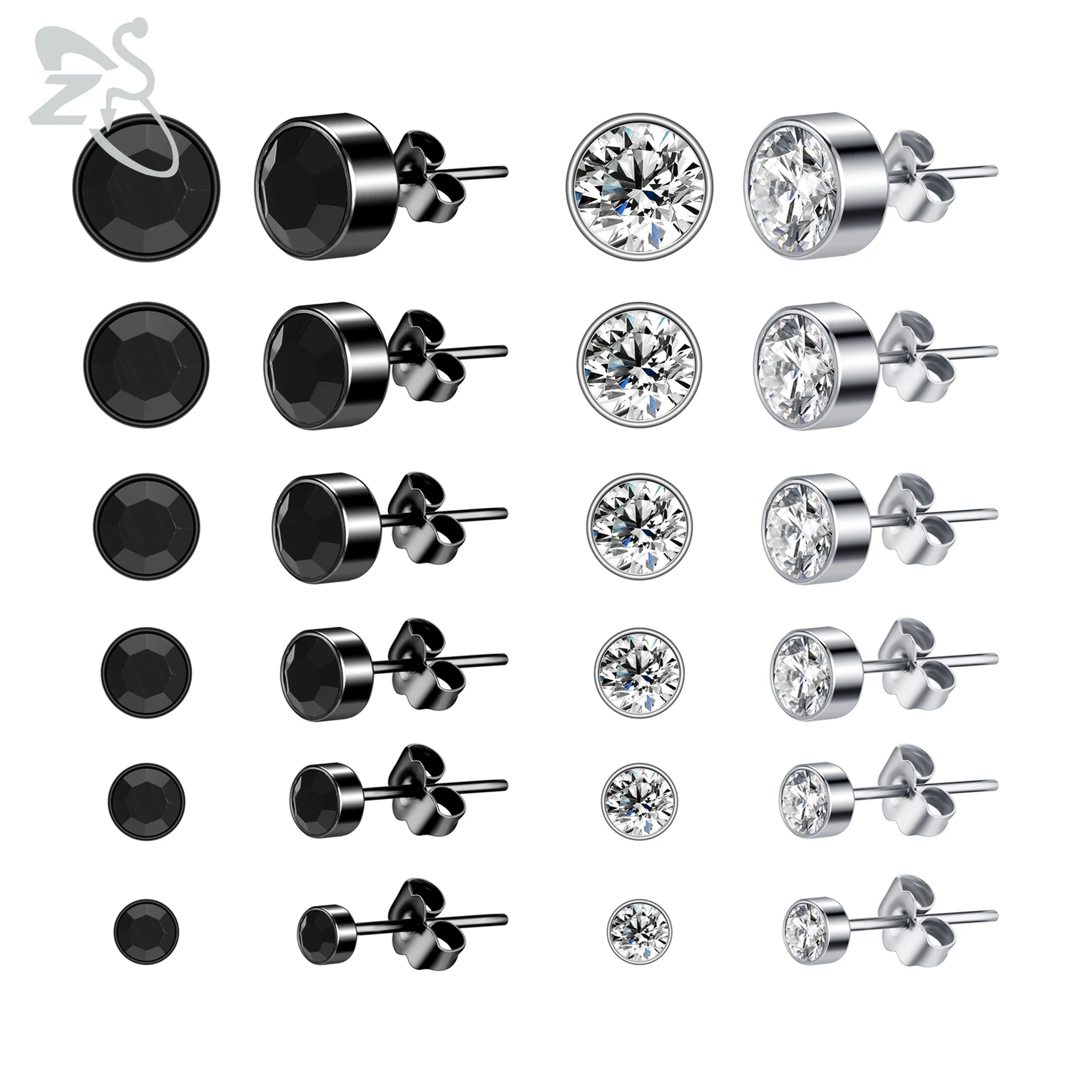 

ZS 6 Pairs/lot 3-8MM Round Zircon Stud Earring Set Silver Black Color 20g Stainless Steel Ear Studs Helix Conch Tragus Piercings