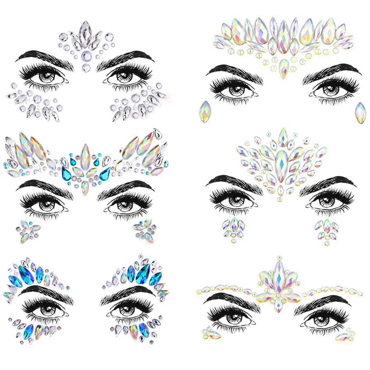 6 Sets Face jewels festival Women Mermaid Face Gems Glitter Rhinestone Crystals Face Stickers Eyes Face Body Temporary Tattoos