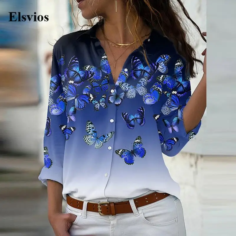 

Элегантная женская рубашка с отложным воротником и пуговицами, осенняя женская блузка с длинным рукавом, повседневные офисные топы с гради...