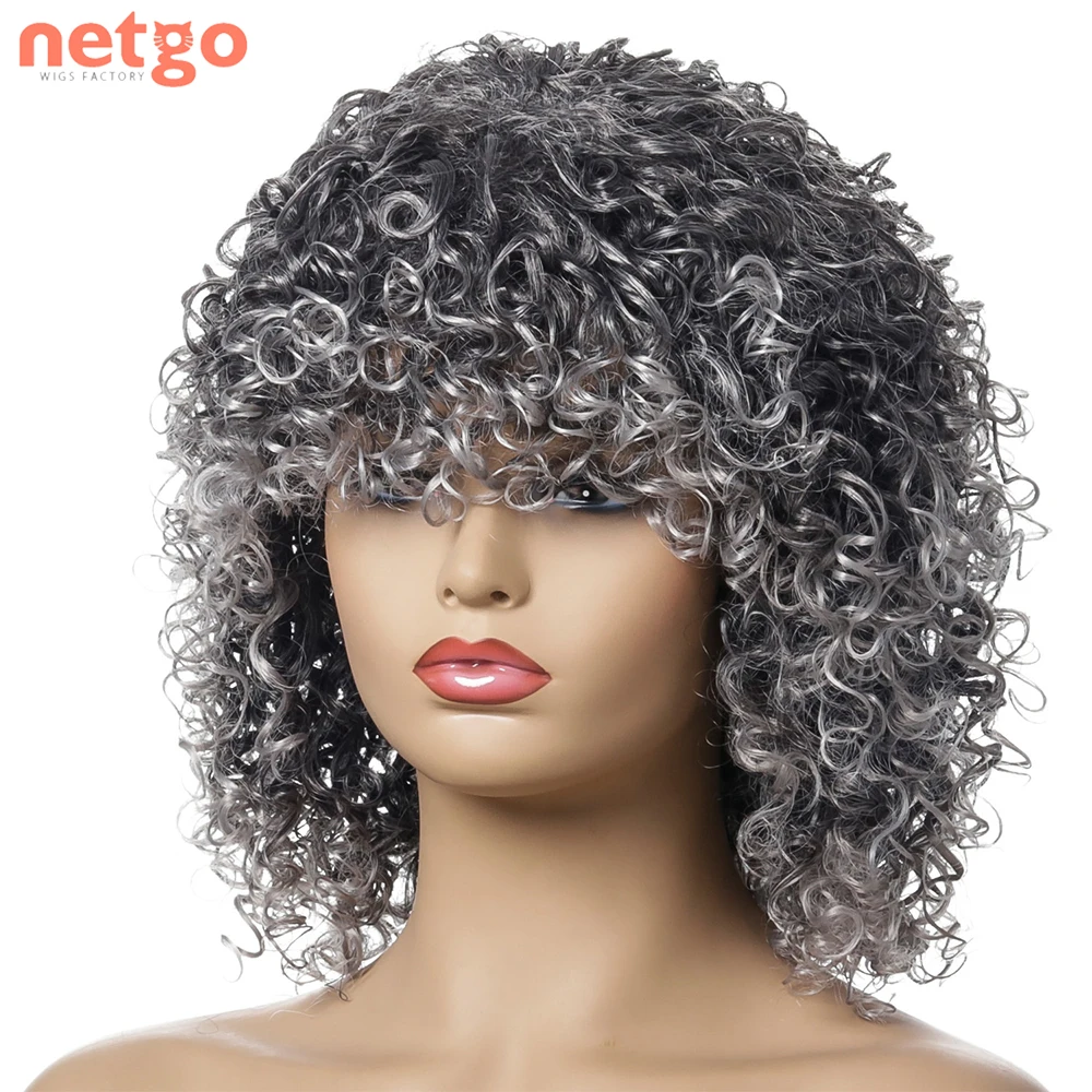 

Netgo Afro Kinky Short Curly Synthetic Wig Black Gray Wig With Bangs Heat Resistant Cosplay Party Daily Wig For Black Women
