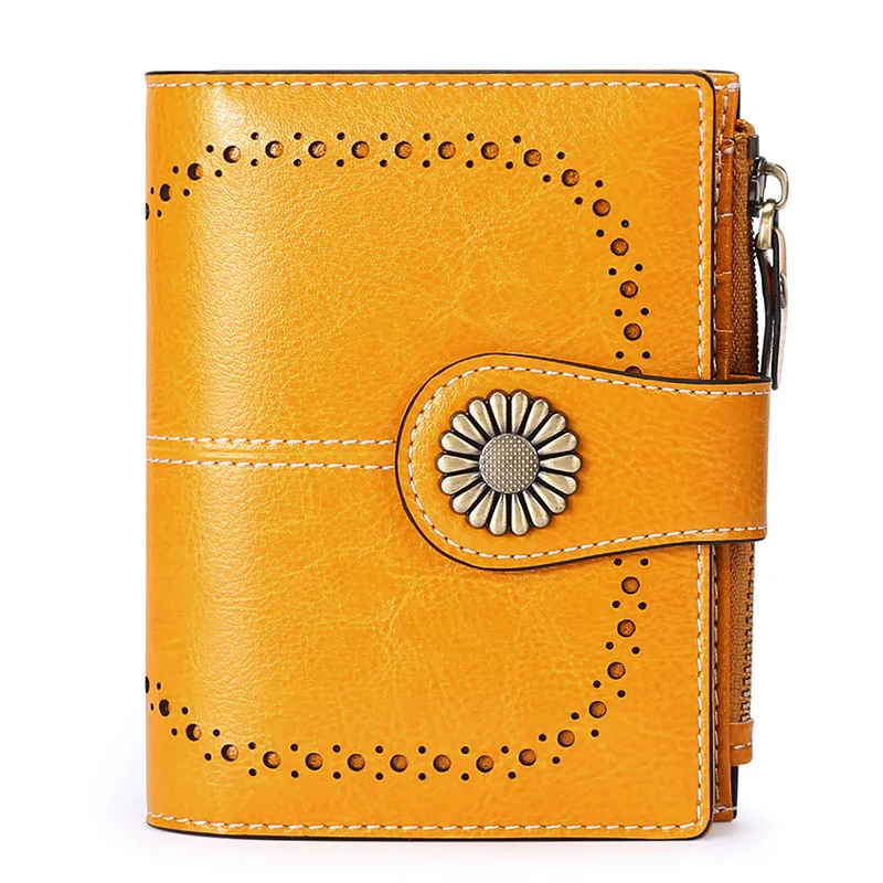 

2021 new oil wax leather ladies short wallet short coin purse rfid anti-theft brushed leather small wallet wallets