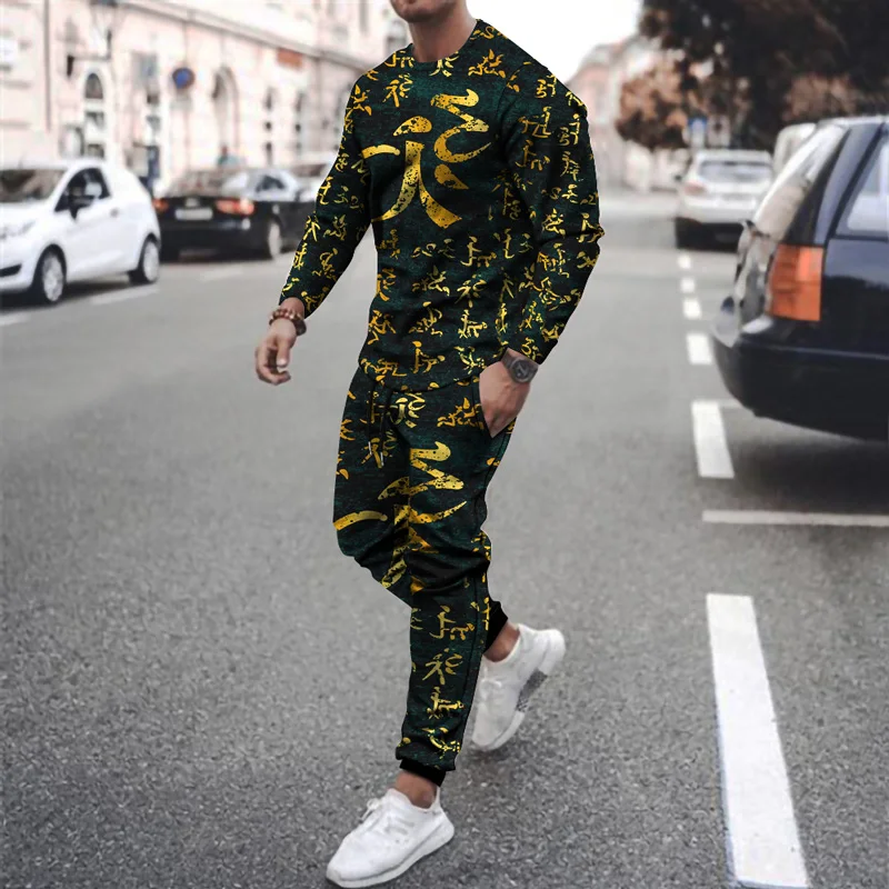 

2021 New men's T-shirt + Pants Suit Summer Breathable Casual T-shirt Running Suit Fashion Harajuku Printed men's Sports Suit