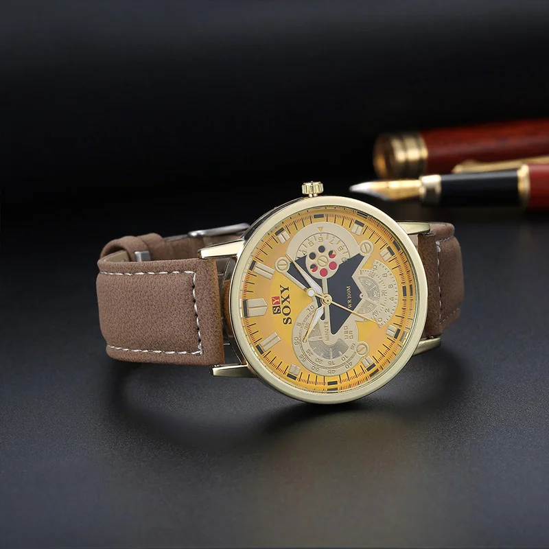 2019 Роскошные модные спортивные часы мужские кожаные кварцевые аналоговые