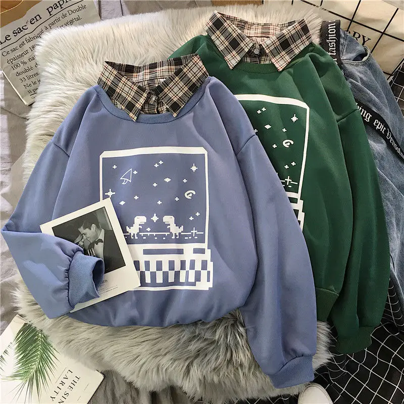 

Polo Collar Sweater Autumn Print Fake Two-Piece Clothing Plus Velvet Sweatshirt Female Fashion Women Sweatershirt Loose Pullover