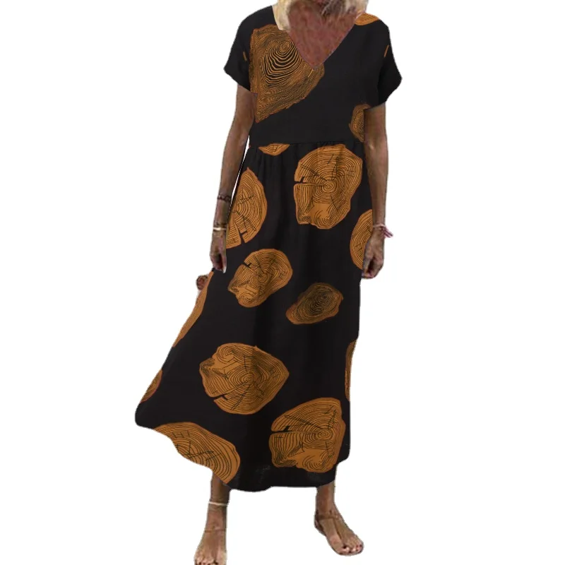 

2021 new Retro Printed Maxi Dress Women's Summer Sundress Casual Short Sleeve Female V Neck Robe Oversized 5XL
