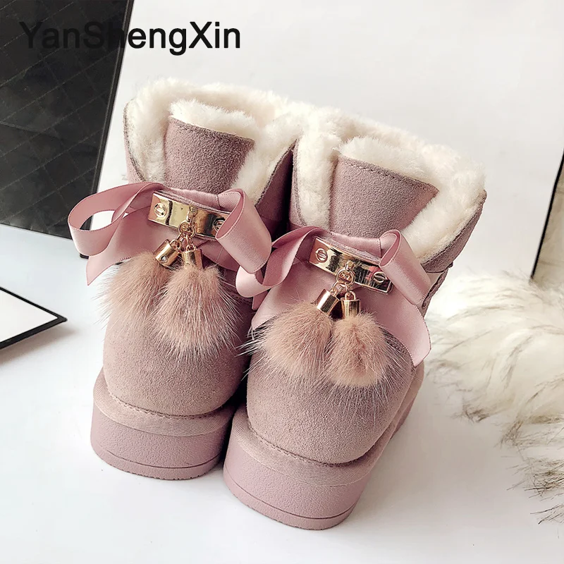 YANSHENGXIN/Женская обувь зимние сапоги из коровьей кожи теплая шерстяная женская