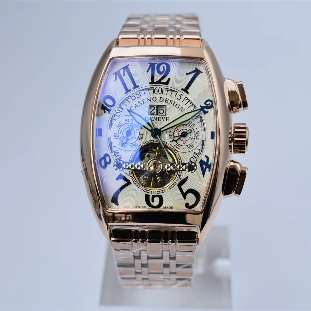 CASENO брендовые модные часы из нержавеющей стали tourbillon Механические Мужские золотые часы дропшиппинг день Дата Скелет Мужские часы с автоматическим подзаводом