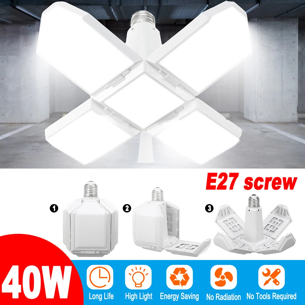 

40W/100W E27 Deformable LED Garage Light Bulb Ceiling Fixture Lights Shop Workshop Lamp White Bright Light For Indoor AC85-265V