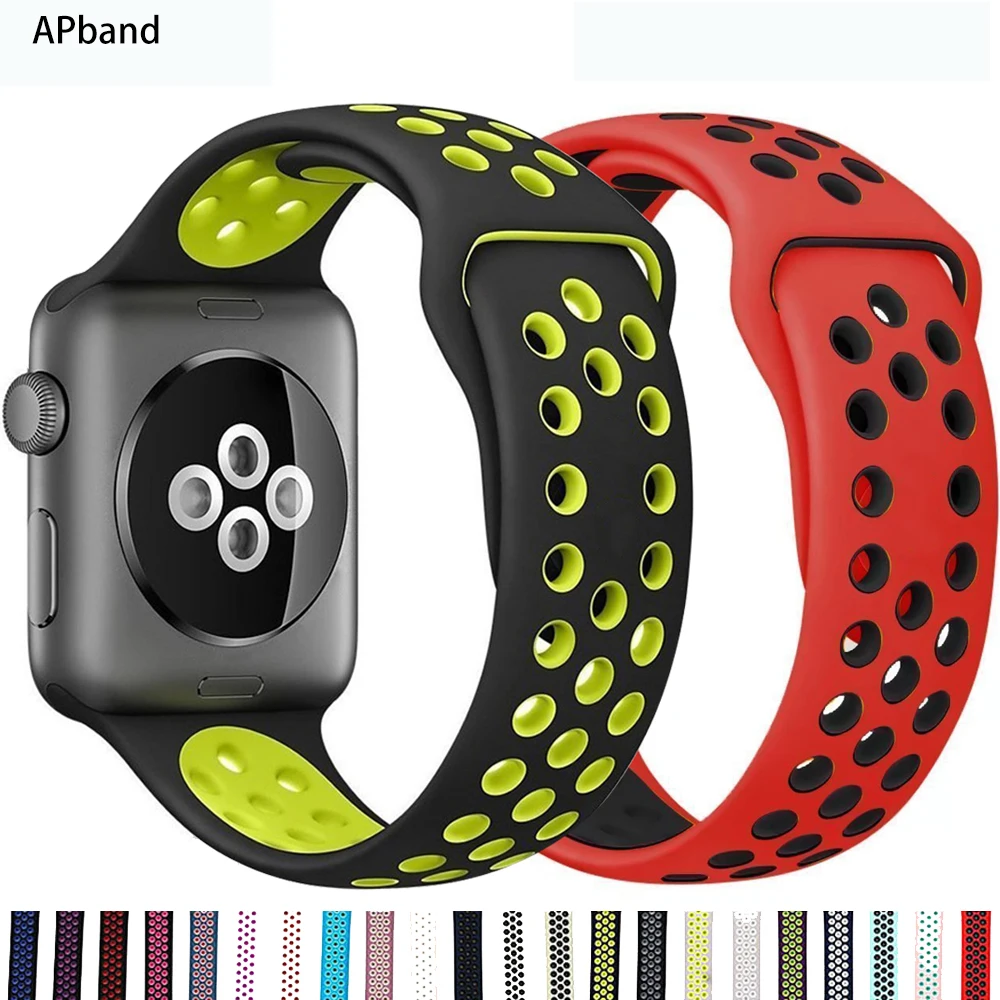 Ремешок силиконовый для apple Watch band 44 мм 40 38 42 Воздухопроницаемый браслет наручных