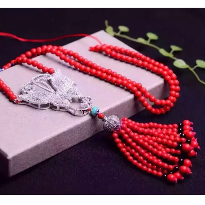 

Women 925 Silver 6mm red Coral Butterfly Natural Zircon Fringed Long Necklace Pearl Pendant luxury sweater chain 32inch