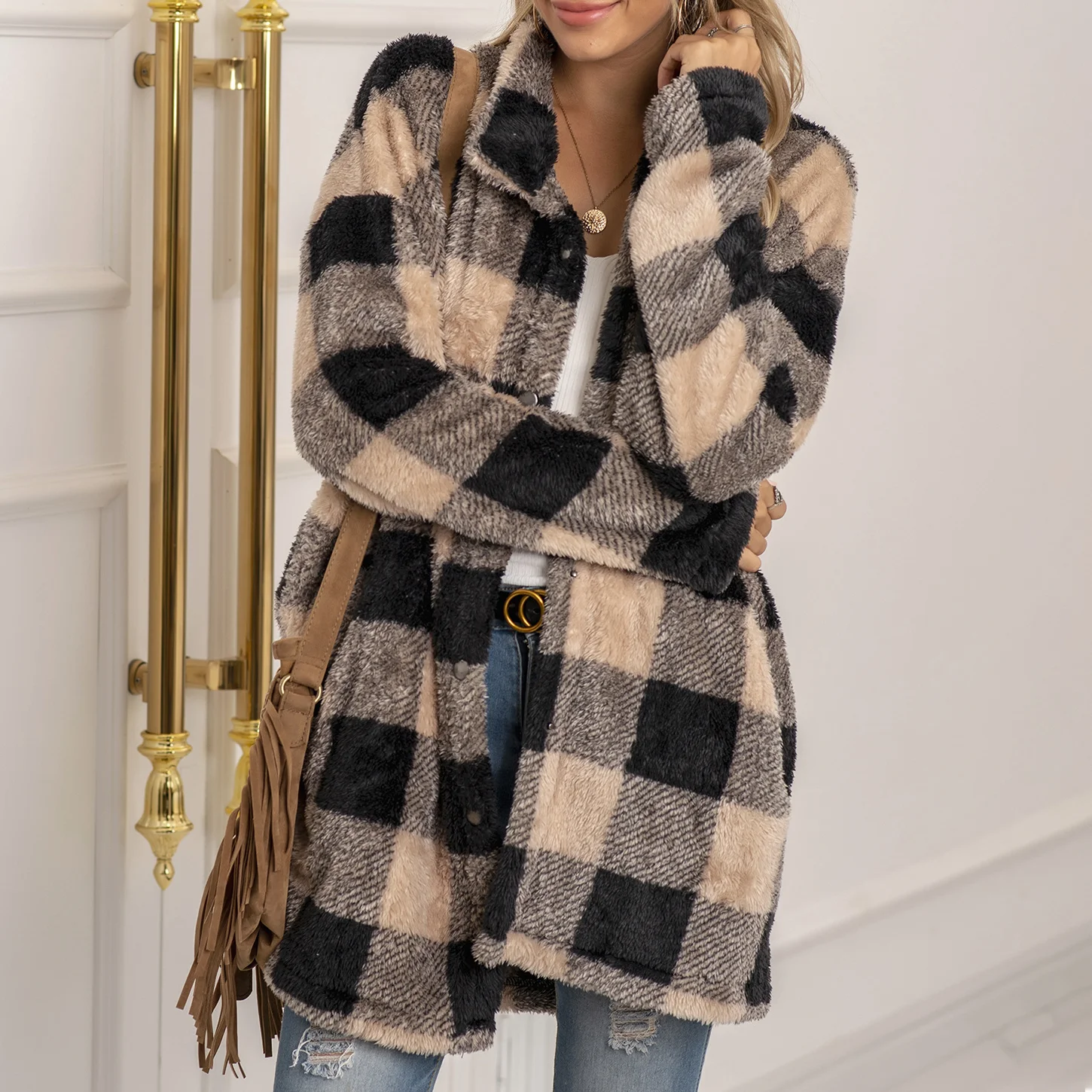 Повседневное длинное шерстяное пальто сезон осень зима 2021 шерстяная твидовая