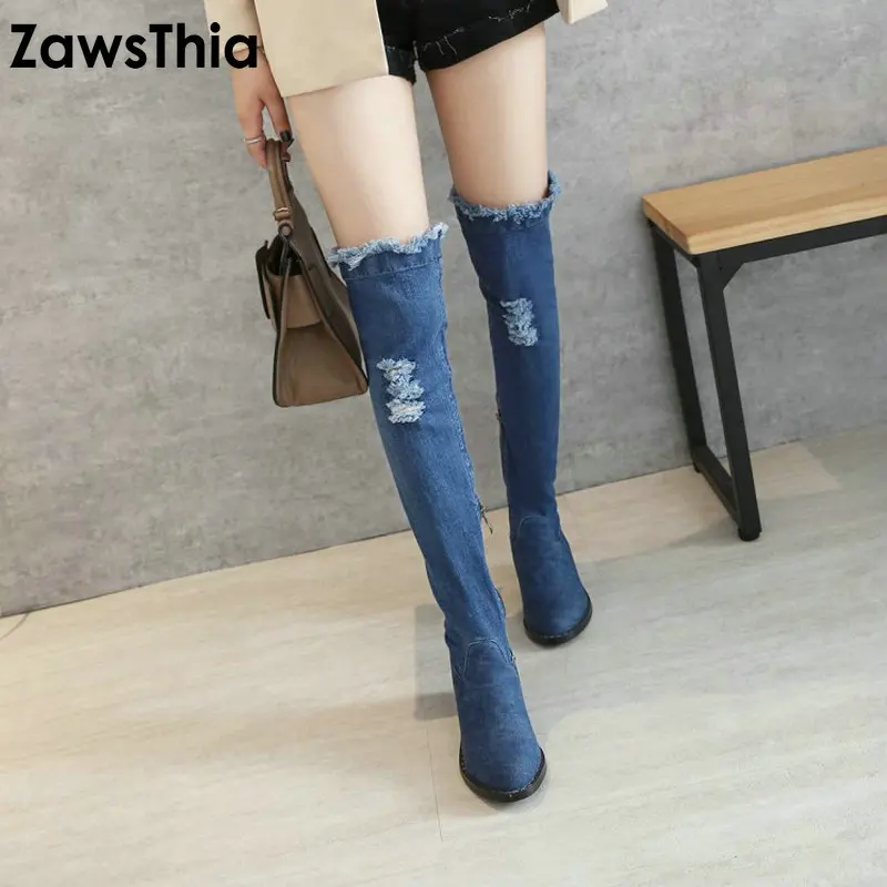 ZawsThia/Модные осенние женские ботинки Женские джинсовые на молнии с круглым носком