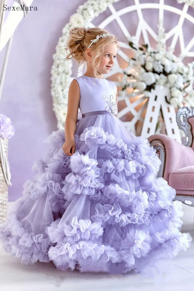 

Princess Puffy Flower Girl Dresses O Neck Sleeveless Beads Girls Formal Party Birthday Gowns Prom Dress