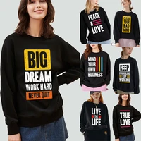 pullover womens casual long sleeve sweatshirt english inspirational phrases printed pattern black top commuter o neck hoodie