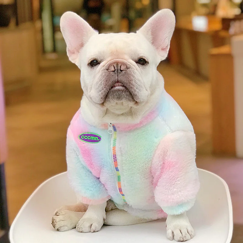 

Fashion Winter Fur Dog Coat Rainbow Dog Jacket for Small Medium Dogs Frenchie Bulldog Sweater Warm Pug Clothes for Pets