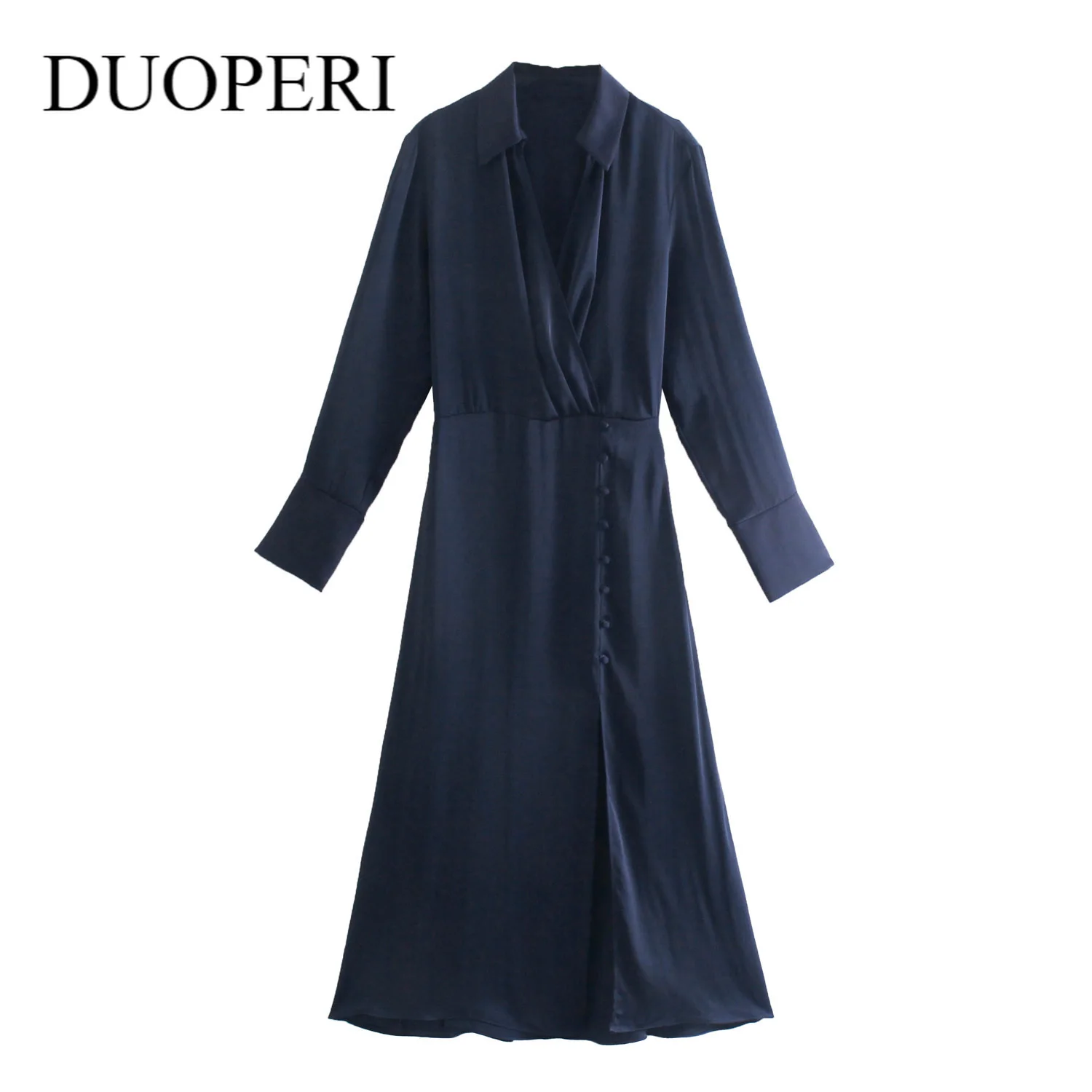 

Clazzaa Women Fashion Satin Dress Surplice V-neckline Long Sleeves Gathered Waist Front Slit Chic Lady Midi Dress Female