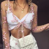 ladies summer new style womens sexy mesh see through floral embroidery crop top ladies casual long sleeved front tie top 2022