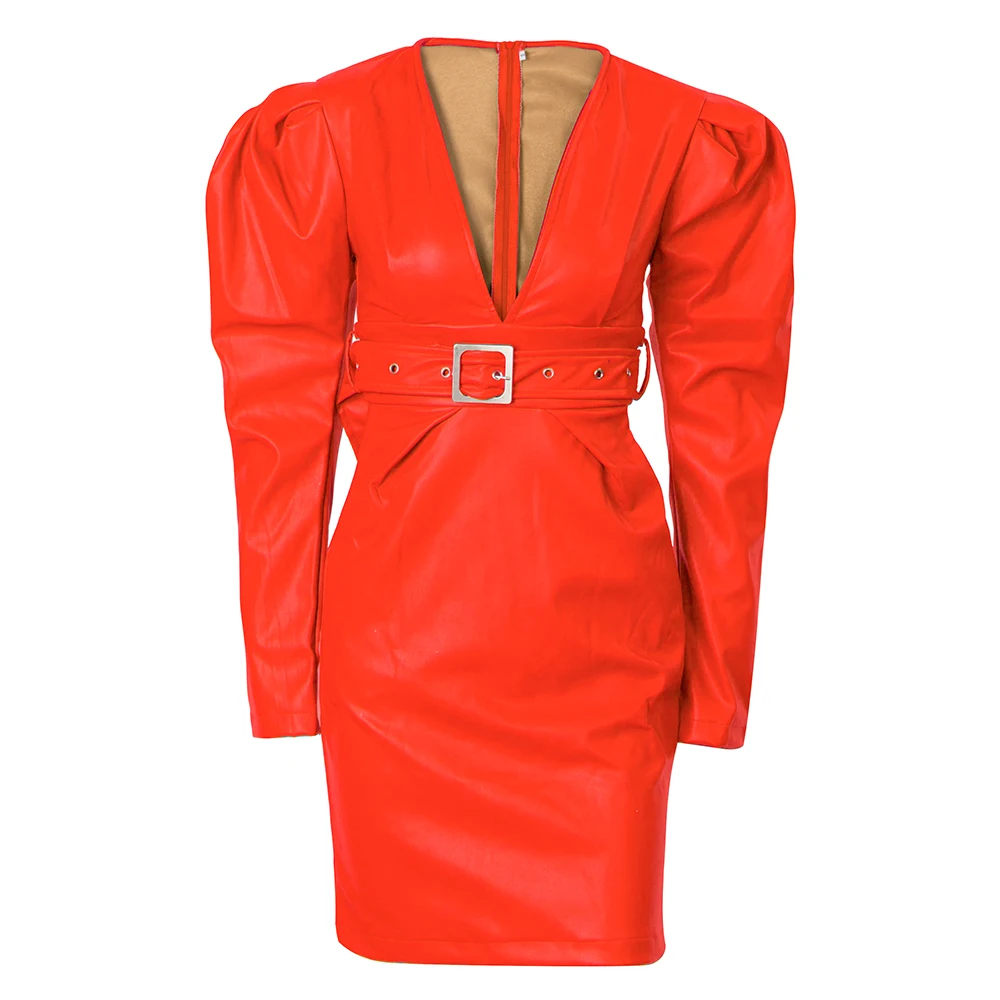 

LOVE&LEMONADE Sexy Red Deep V-Neck Bubble-Shaped Long-Sleeved PU Material Fit Party Dress (With Belt) LM81969