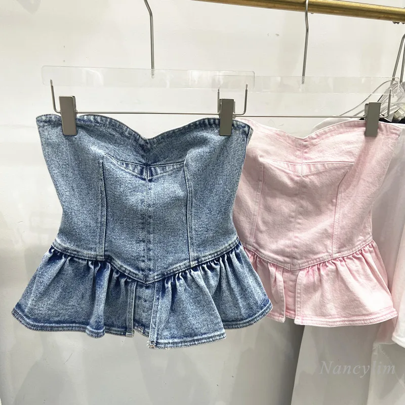 

Pink Denim Tank for Women 2021 Summer New Sleeveless Lotus Leaf Waist Hem Tube Top Lady Sexy Backless Slim Fit Tops Femme