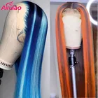 Парик из натуральных волос светло-голубого цвета, 13 х6, бордовый, с защитой от деграде, прозрачный, красный, оранжевый