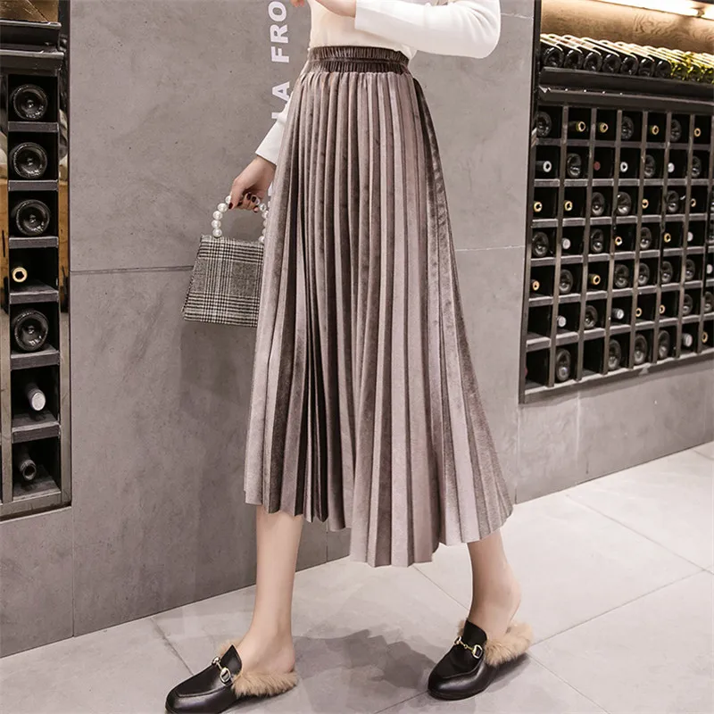 YY8026Light Brown Осенняя Женская плиссированная юбка с высокой талией, винтажная однотонная бархатная юбка, повседневная Корейская Женская Офисная Юбка-миди, большие размеры - Цвет: YY8026Light Brown