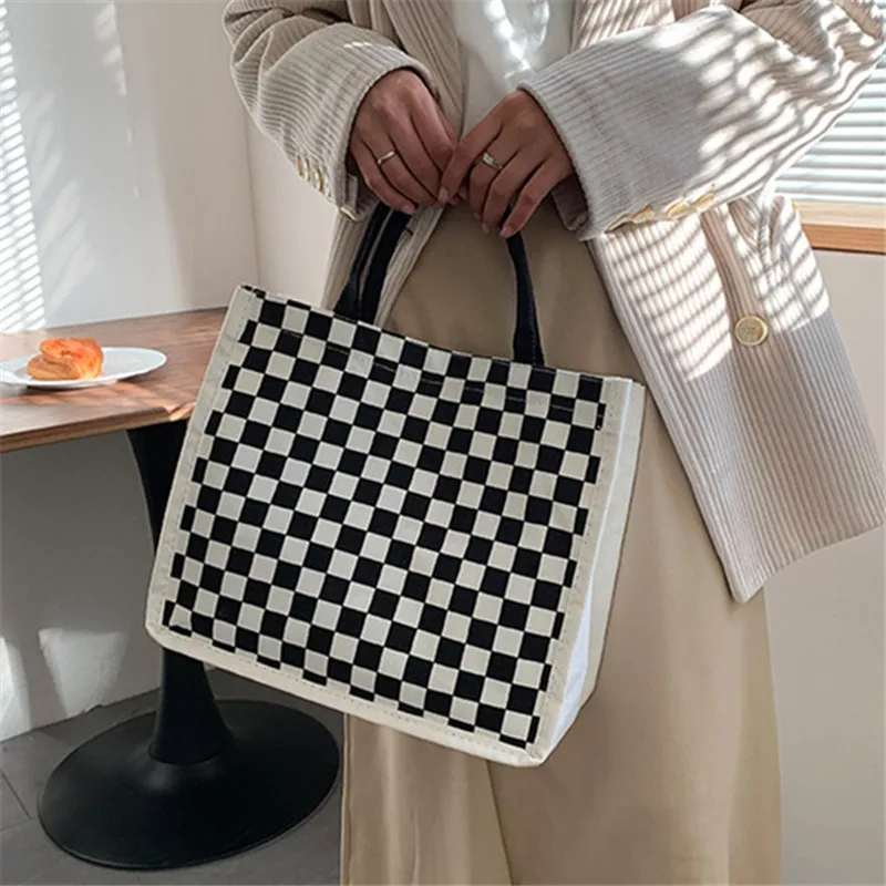 

Women's Canvas Handbag Small Check Large Capacity Square Casual Totes For Female 2022 New Summer Simple Plaid Shoulder Beach Bag
