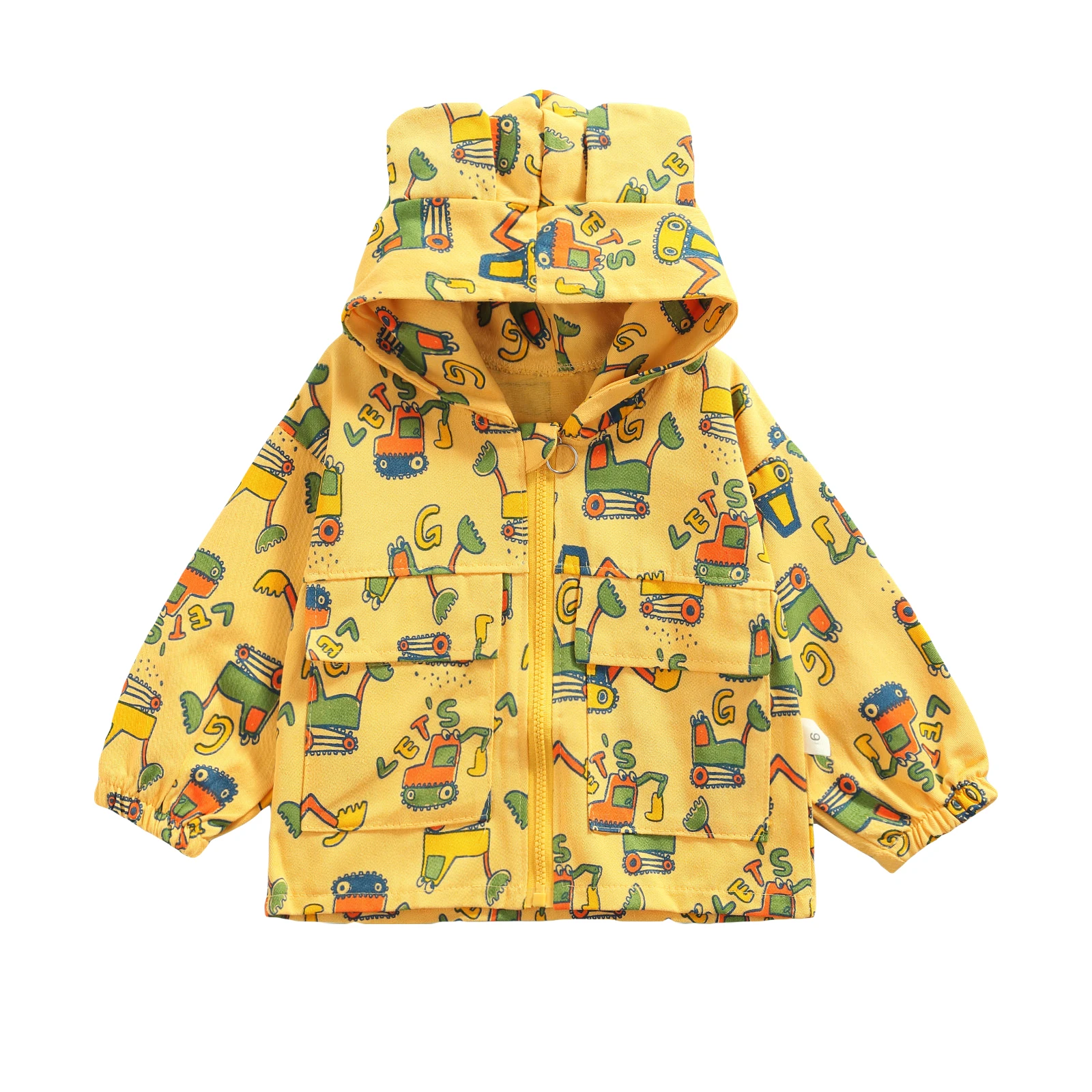 

Children's Clothing Kids Zipper Open Front Jacket Cartoon Excavator Printed Pattern Hooded Jacket Baby Clothes For 6M-5Y Daily