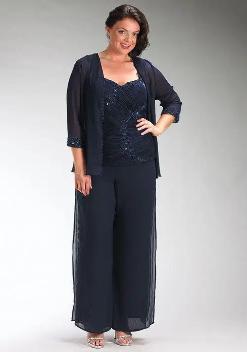 

Plus Size 3 Pieces Pant Suits navy blue dubai Sweetheart Lace Long Cheap Spring Newest Mother of the Bride Dresses with jacket