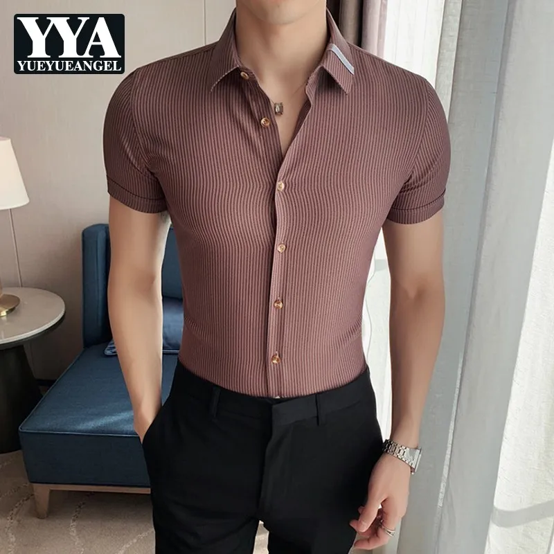 

Shirt Mens Slim Short Sleeve Summer New Vintage Korean Style Turn-Down Collar Single Breasted Fashion Casual Blouse