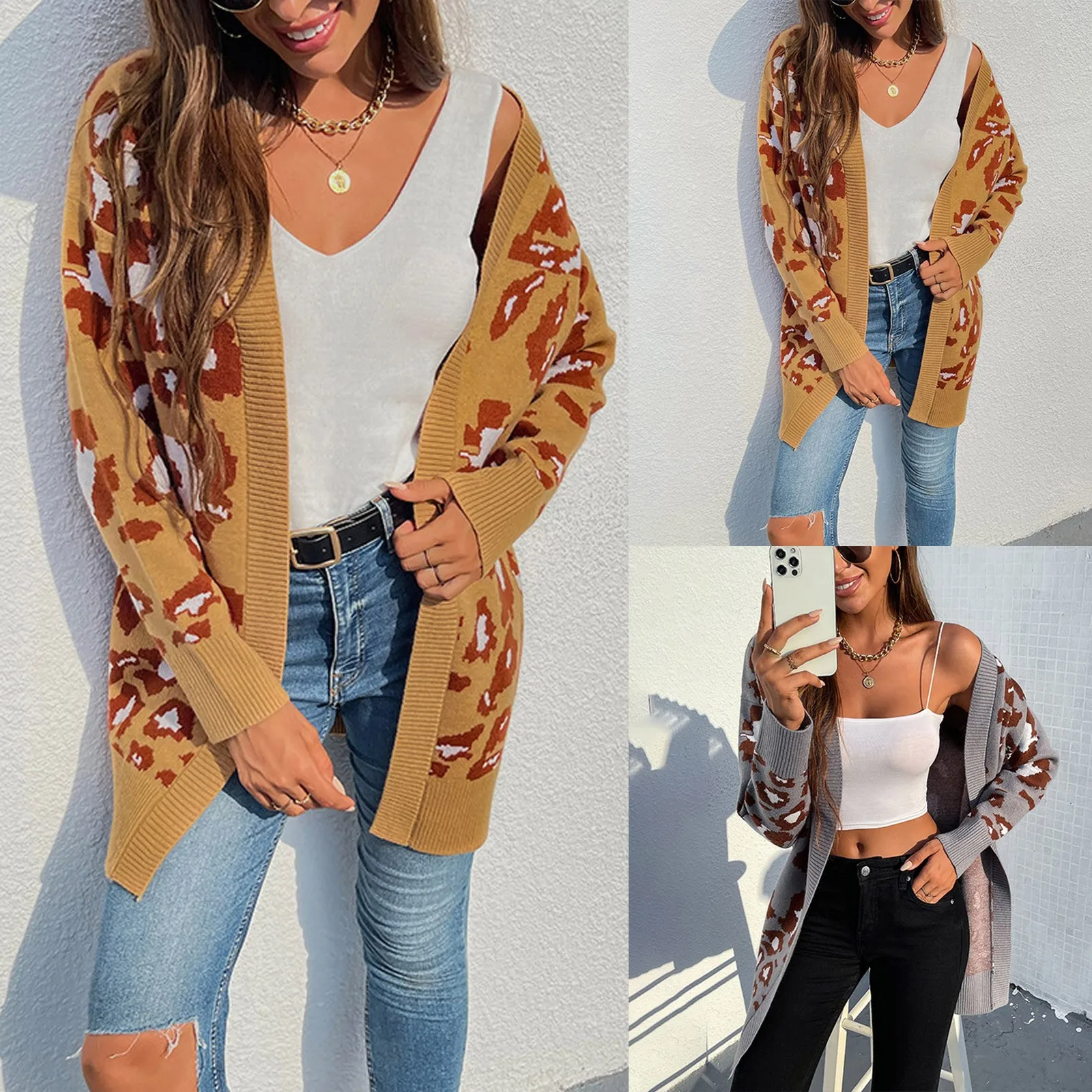 

2021 Spring Autumn Oversized Leopard Sweater Cardigan Casual Loose Female Knitted V-neck Jumper Women Clothing
