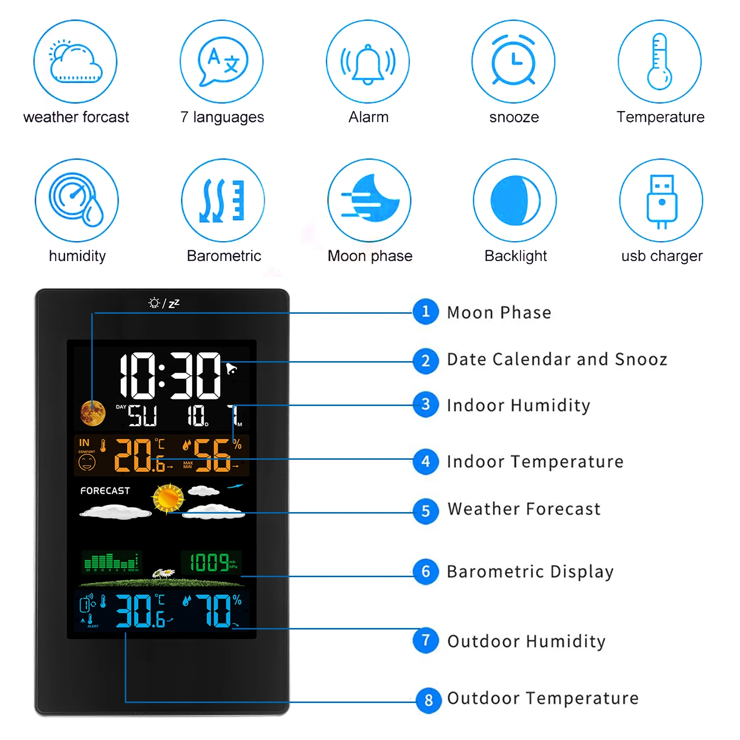 Wireless Weather Station Indoor Outdoor Forecaster with Sensor Digital Thermometer Hygrometer Monitor Alarm Clock | Инструменты