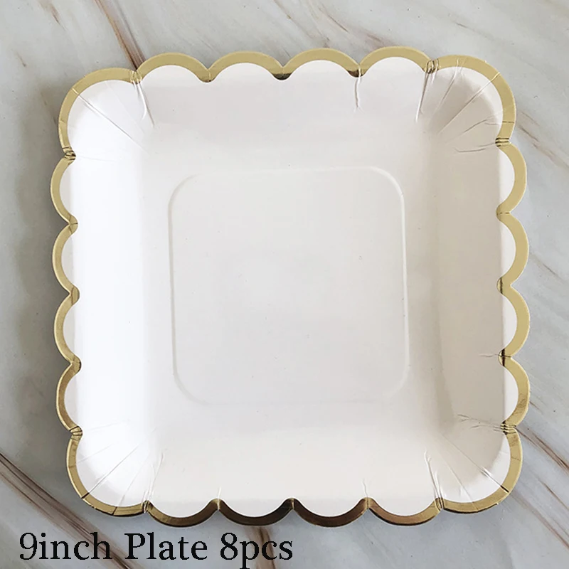 9inch plate 8pcs Белые одноразовые столовые приборы, вечерние, золотые, бумажные тарелки, стакан с соломинкой, для первого дня рождения, вечеринки, свадьбы, декор для детей, детские вечерние принадлежности - Цвет: 9inch plate 8pcs