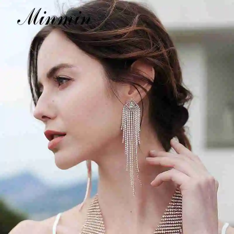 Minmin Rosegold сверкающие Длинная кисточка из горного хрусталя Свадебные серьги в виде