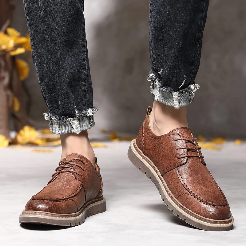 Кроссовки мужские кожаные на шнуровке удобные дышащие Повседневная Молодежная