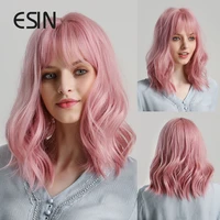 esin pink medium long loose body wave wig with bangs cosplay daily natural wigs for women heat resistant synthetic hair