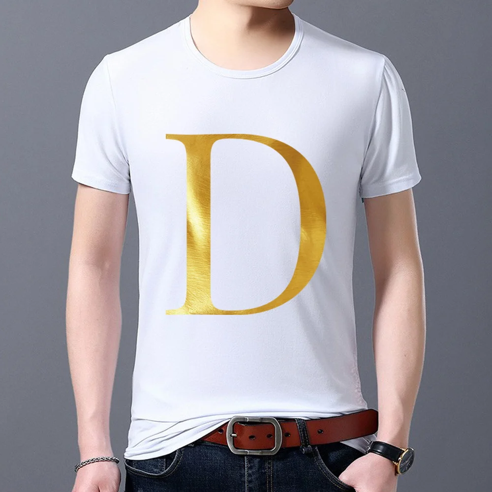 

Men's Simple T-shirt 26 English D Letter Gold Hot Stamping Pattern Series Casual Men's Slim Soft White Commuter Round Neck Top