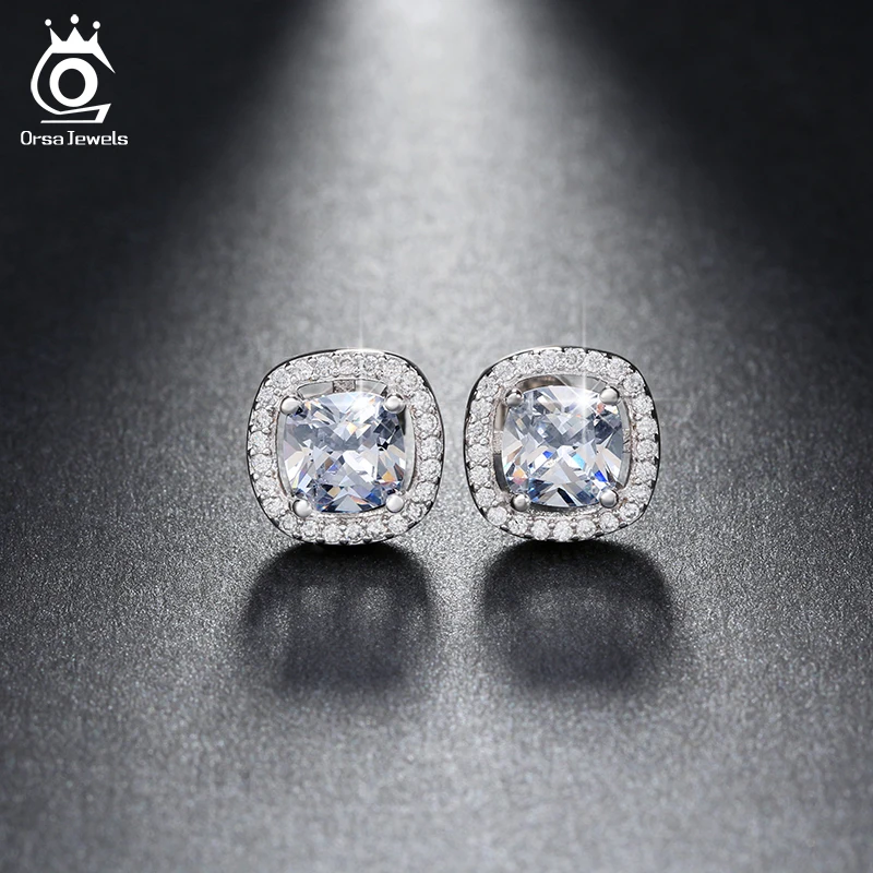 ORSA JEWELS 1ct Подушка огранка многоцветный Цирконий Кристалл серьги гвоздики для девочек модные ювелирные изделия без содержания никеля OE149
