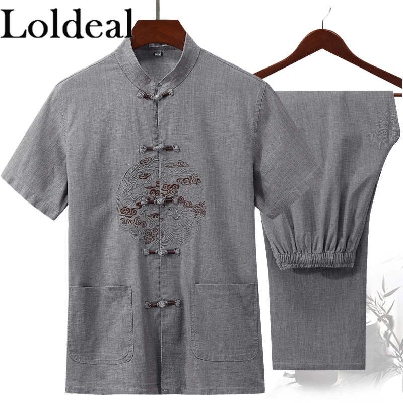 

Loldeal Chinese Style Short-sleeved Shirt Set Men Slim Linen Comfortable Stand Collar Embroidery Hanfu + Long Pants